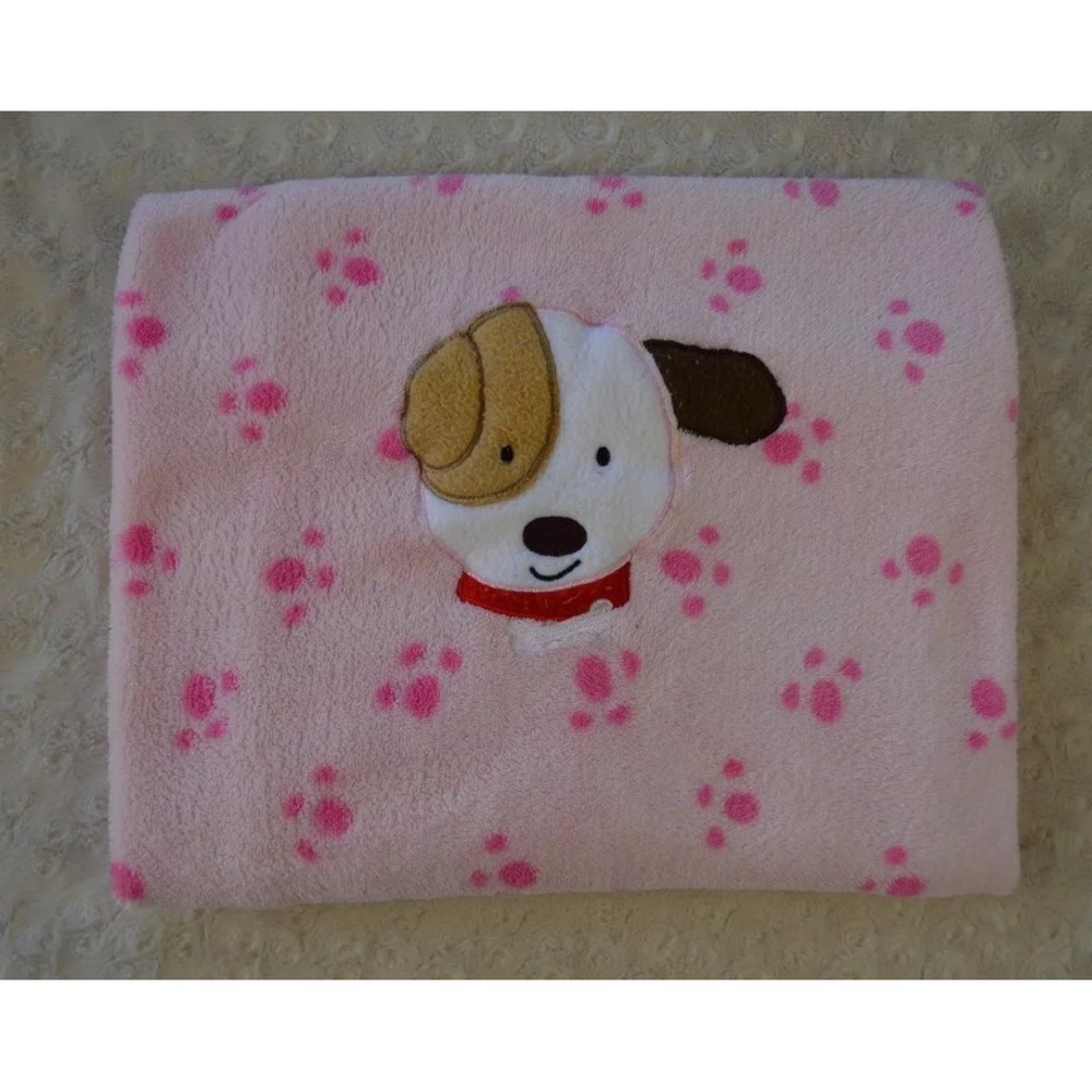 Snugly Baby Pink Puppy Dog Blanket Paw Prints Red Collar Bone White Tan Brown